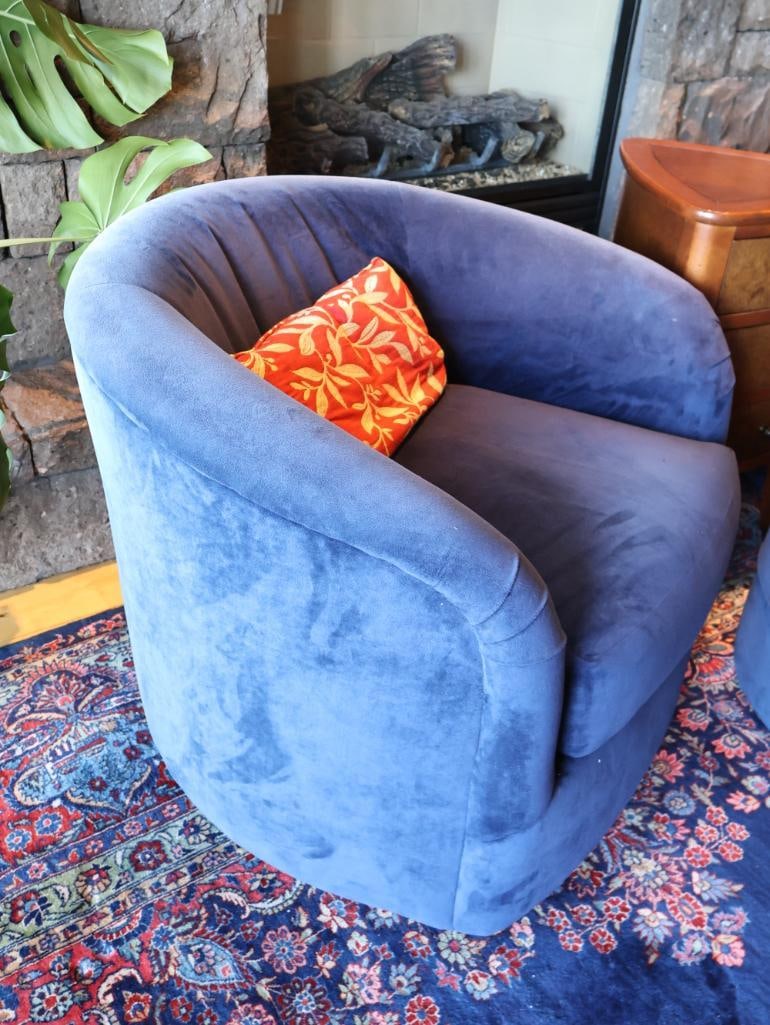 Pair of Blue Swivel Chairs, Rolling Ottoman & End Table - 2