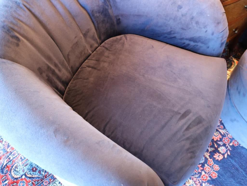 Pair of Blue Swivel Chairs, Rolling Ottoman & End Table - 3