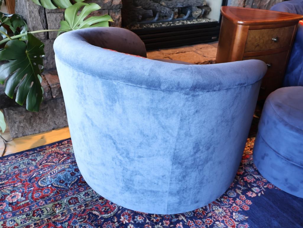 Pair of Blue Swivel Chairs, Rolling Ottoman & End Table - 4