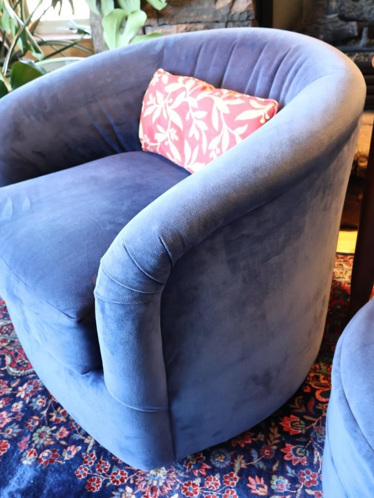 Pair of Blue Swivel Chairs, Rolling Ottoman & End Table - 5