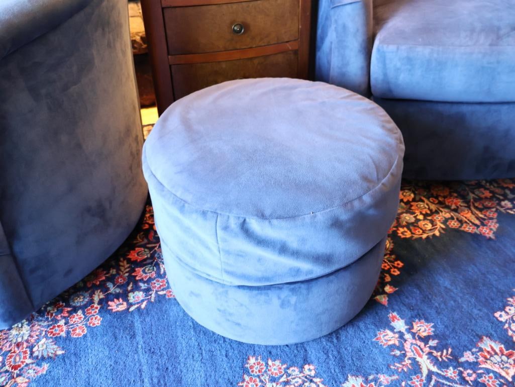 Pair of Blue Swivel Chairs, Rolling Ottoman & End Table - 6