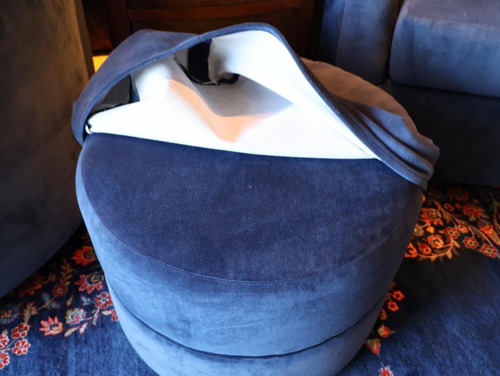 Pair of Blue Swivel Chairs, Rolling Ottoman & End Table - 7