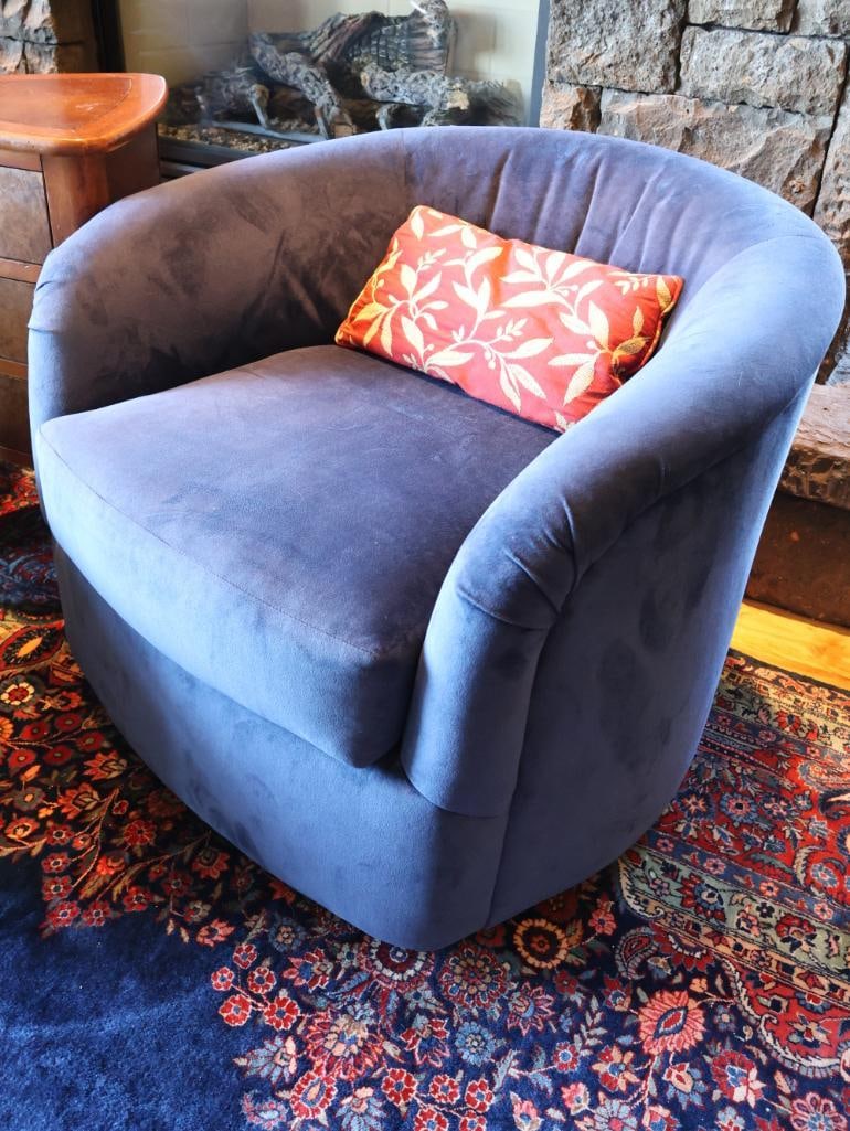 Pair of Blue Swivel Chairs, Rolling Ottoman & End Table - 8