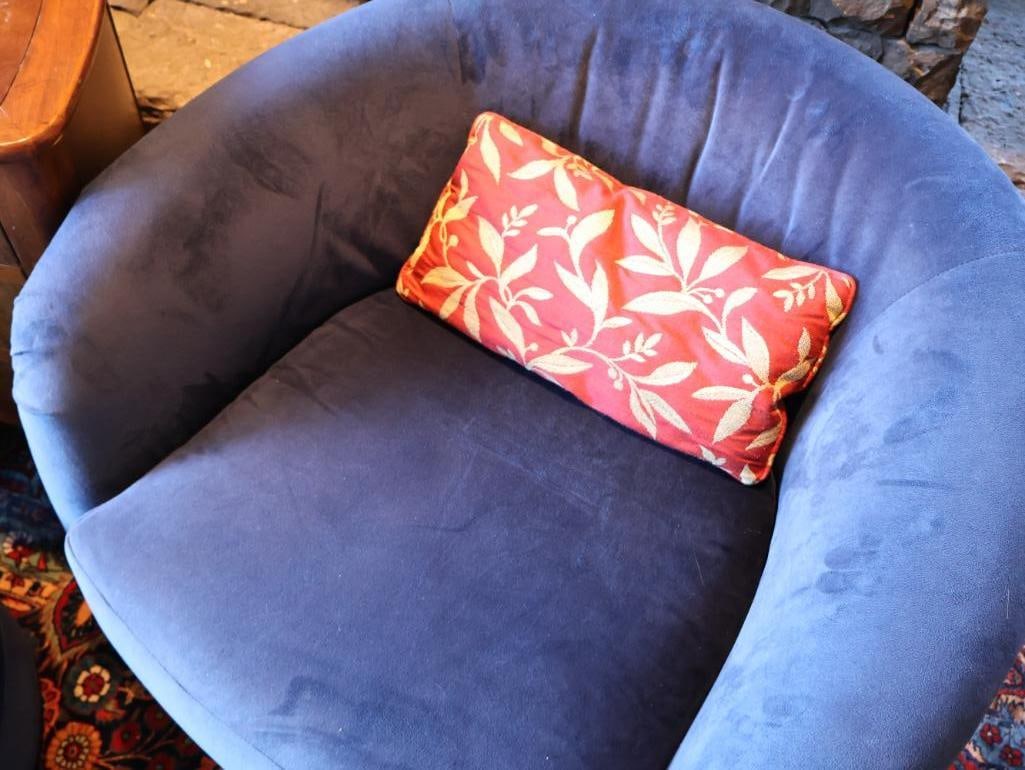 Pair of Blue Swivel Chairs, Rolling Ottoman & End Table - 9