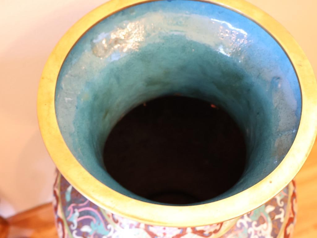 Large Chinese-Style Cloisonne Floor Vase with Carved Wood Stand - 10