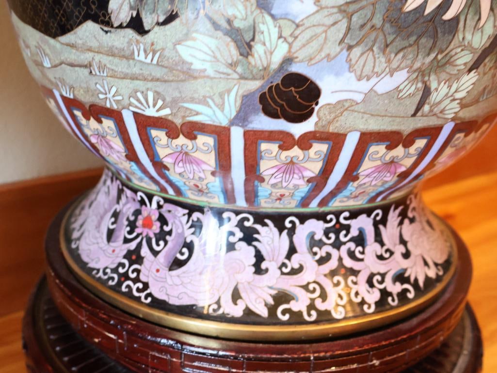 Large Chinese-Style Cloisonne Floor Vase with Carved Wood Stand - 11