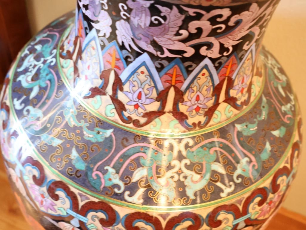 Large Chinese-Style Cloisonne Floor Vase with Carved Wood Stand - 12