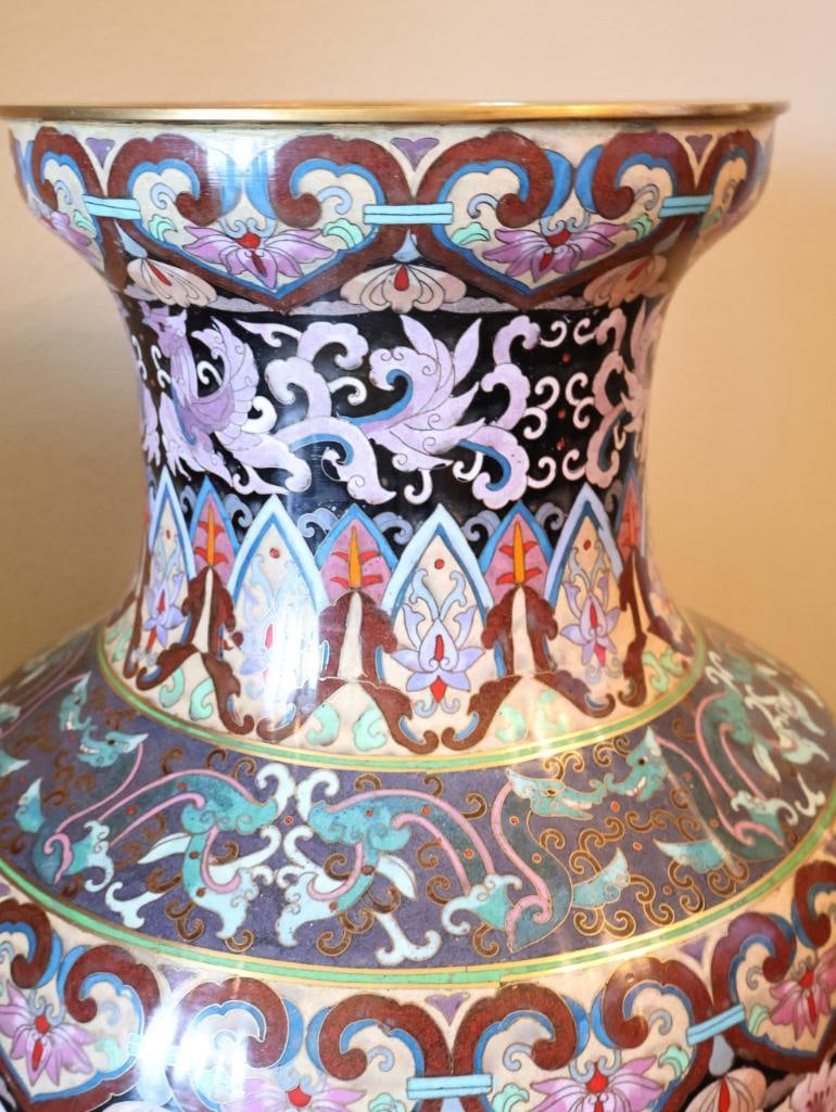 Large Chinese-Style Cloisonne Floor Vase with Carved Wood Stand - 13