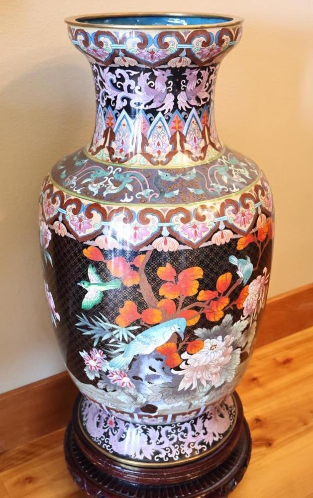 Large Chinese-Style Cloisonne Floor Vase with Carved Wood Stand (1 of 16)