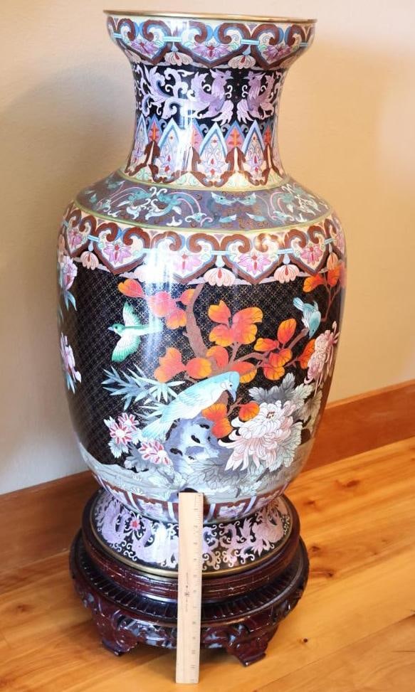 Large Chinese-Style Cloisonne Floor Vase with Carved Wood Stand - 2