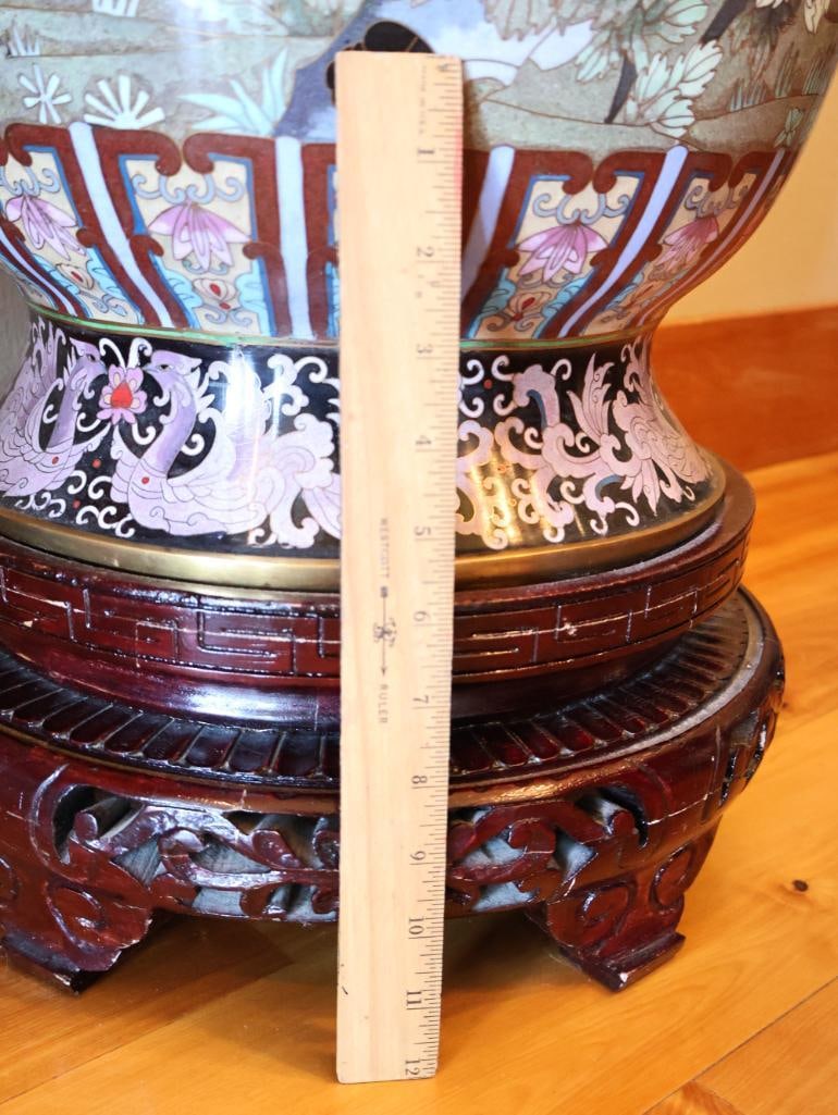 Large Chinese-Style Cloisonne Floor Vase with Carved Wood Stand - 3