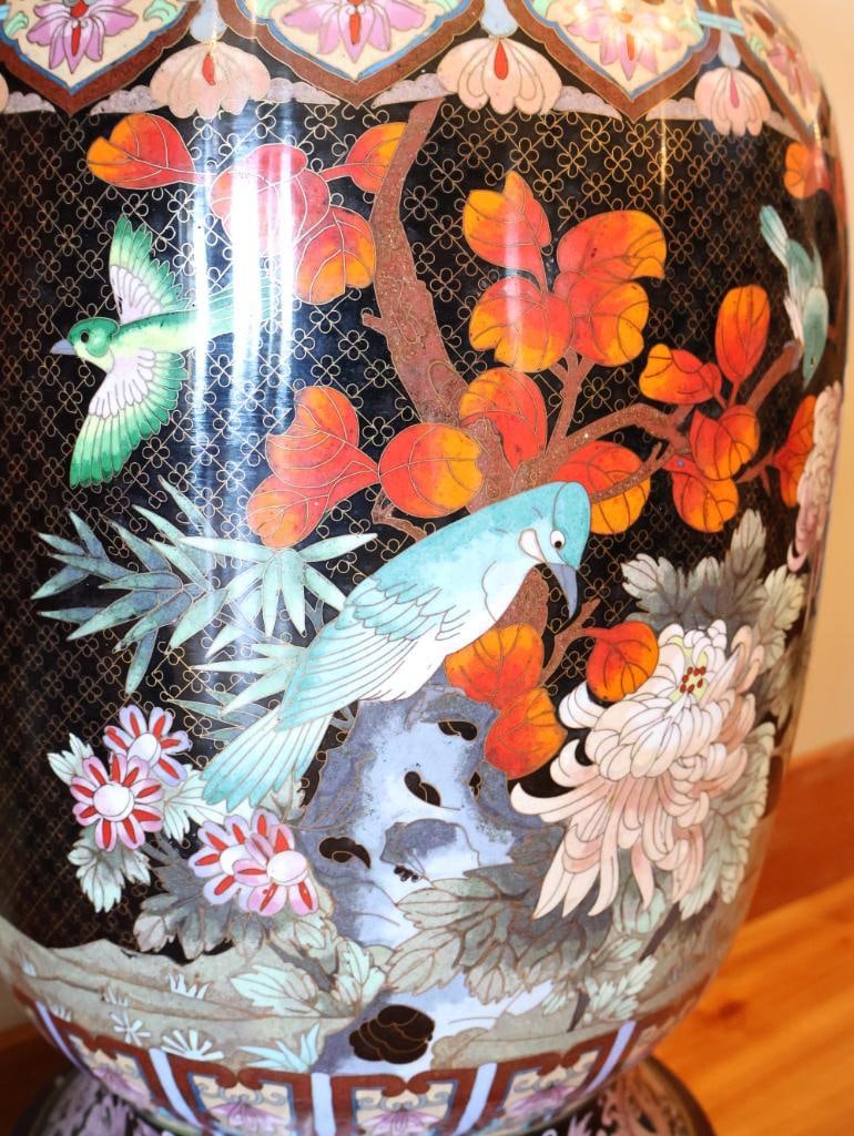 Large Chinese-Style Cloisonne Floor Vase with Carved Wood Stand - 4