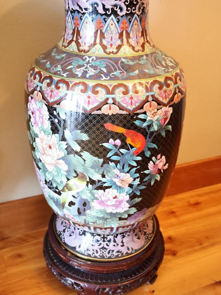 Large Chinese-Style Cloisonne Floor Vase with Carved Wood Stand - 5