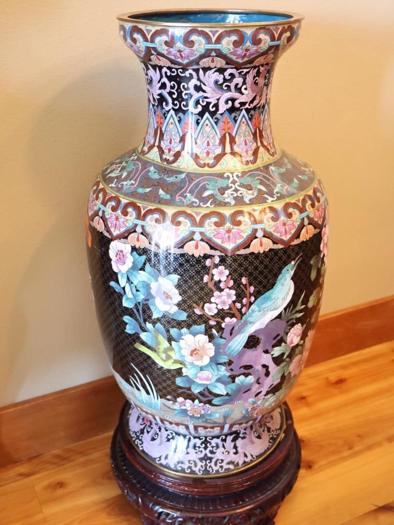 Large Chinese-Style Cloisonne Floor Vase with Carved Wood Stand - 6