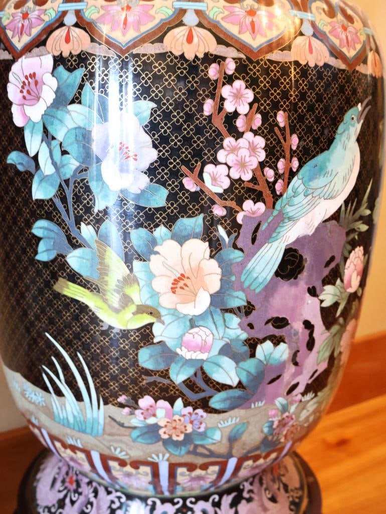 Large Chinese-Style Cloisonne Floor Vase with Carved Wood Stand - 7