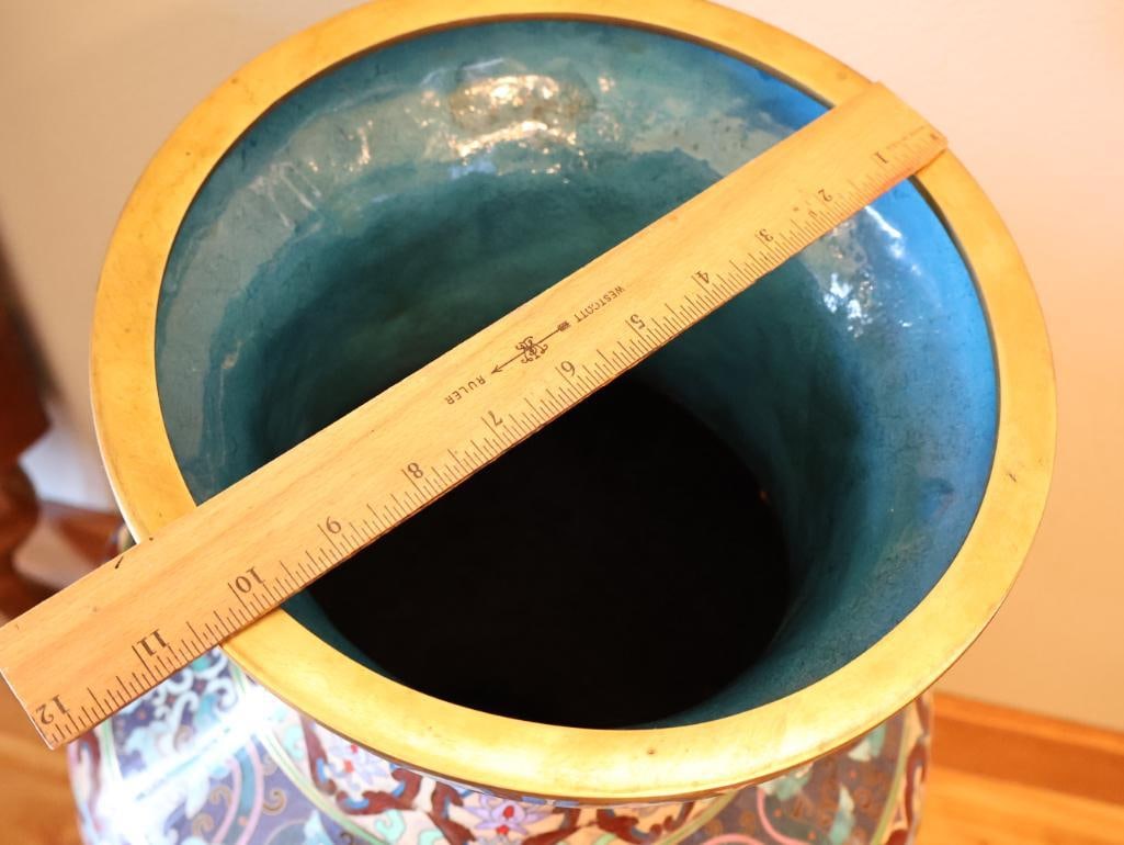 Large Chinese-Style Cloisonne Floor Vase with Carved Wood Stand - 8