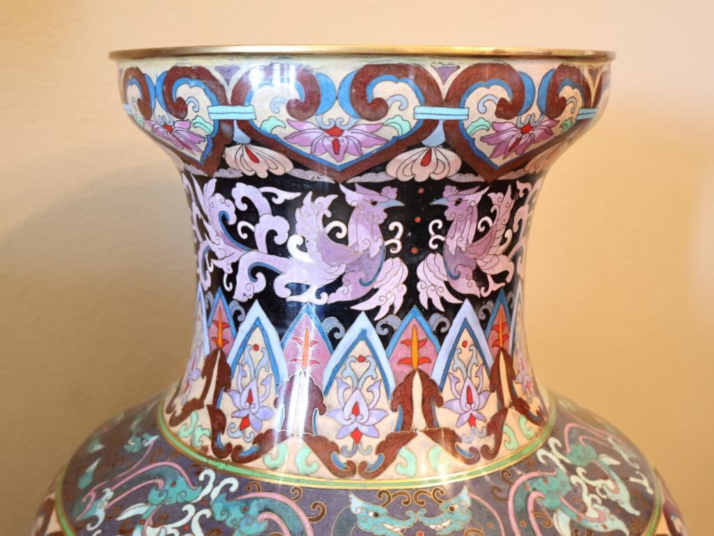 Large Chinese-Style Cloisonne Floor Vase with Carved Wood Stand - 9