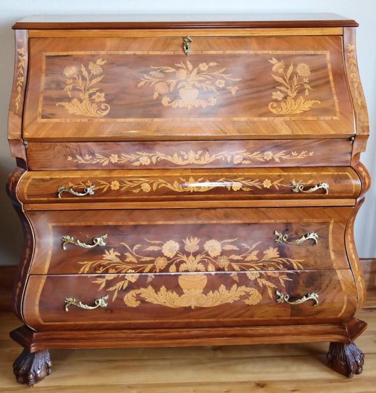 Marconi Arte Italian Inlaid Bombe-Form Secretary Desk: Bombe-form lower case with three drawers, ornate brass-tone hardware and carved paw-style feet. Drop-front writing surface opens to reveal a fitted interior with multiple small drawers and compartment