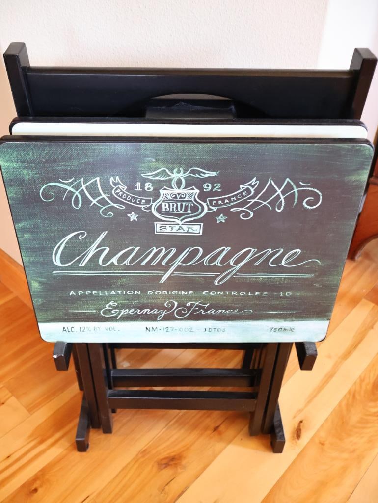 Wrought Iron Pendulum Wall Clock & Champagne Folding Tray Table Set - 10