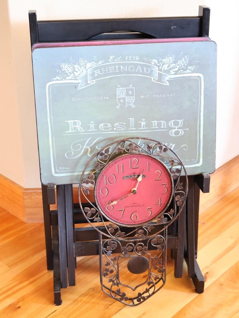 Wrought Iron Pendulum Wall Clock & Champagne Folding Tray Table Set (1 of 11)