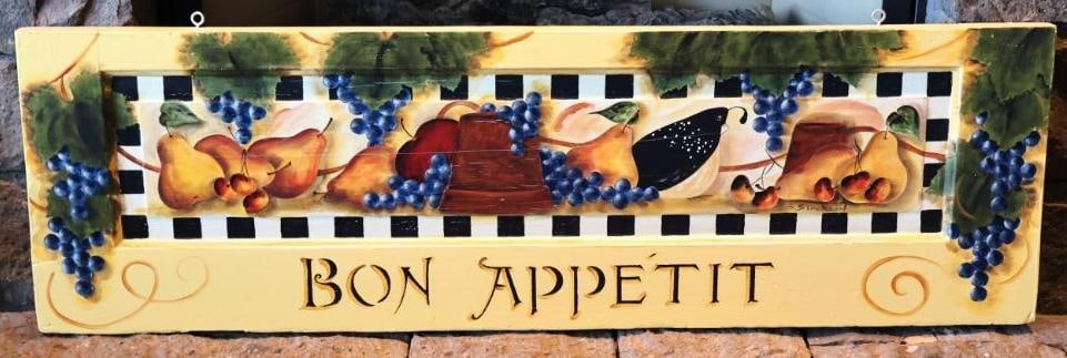 Hand-Painted Bon Appetit Wine & Fruit Wall Art: Large decorative hand-painted wood wall panel featuring BON APPETIT lettering surrounded by pears, grapes, cherries and wine-themed imagery with a black-and-white checkerboard border. Back retains a