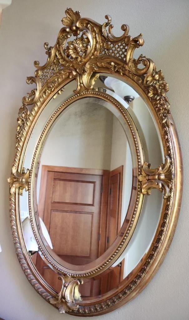 Antique Large Ornate Gilt Louis XV Revival Rococo Style Bevel Mirror
