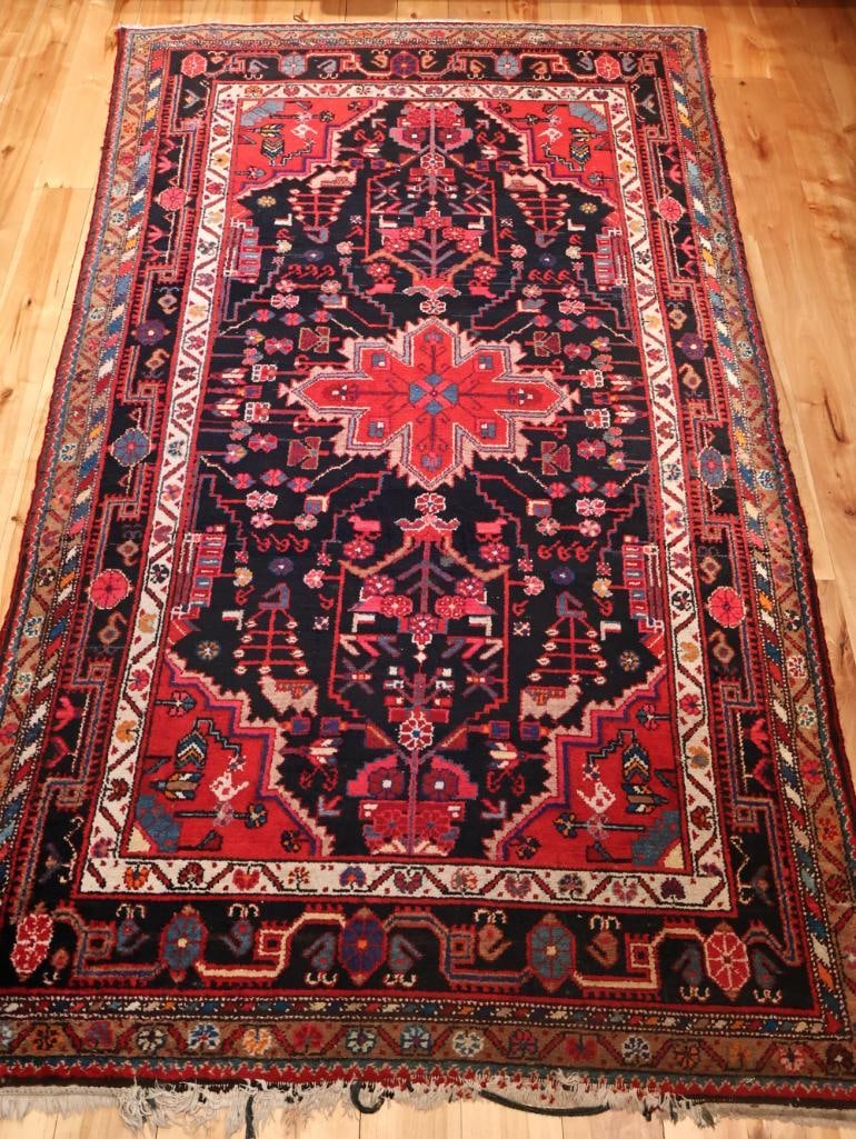 Hand-Knotted Persian Style Wool Area Rug: Hand-knotted wool area rug featuring a bold geometric medallion design with stylized floral and botanical motifs. Rich palette of deep navy, red, ivory, blue, rust and gold, surrounded by multiple int