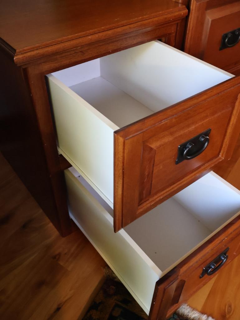 Pair of Wood Two- and Three-Drawer File Cabinets with Mission-Style Hardware - 12