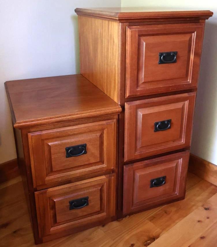 Pair of Wood Two- and Three-Drawer File Cabinets with Mission-Style Hardware (1 of 12)