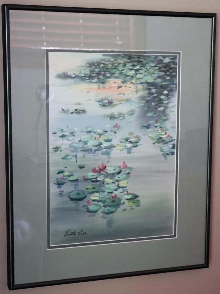 Original Signed Erik Liu Watercolor: Lily pond with Pink Lotus Blossoms. Professionally double-matted, 16" W x 20" H