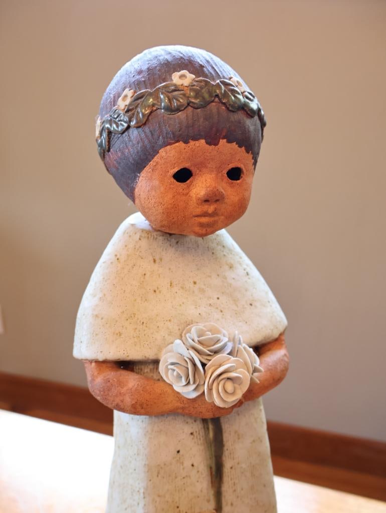 Signed Studio Pottery Ceramic Woman with Flowers Sculpture - 3
