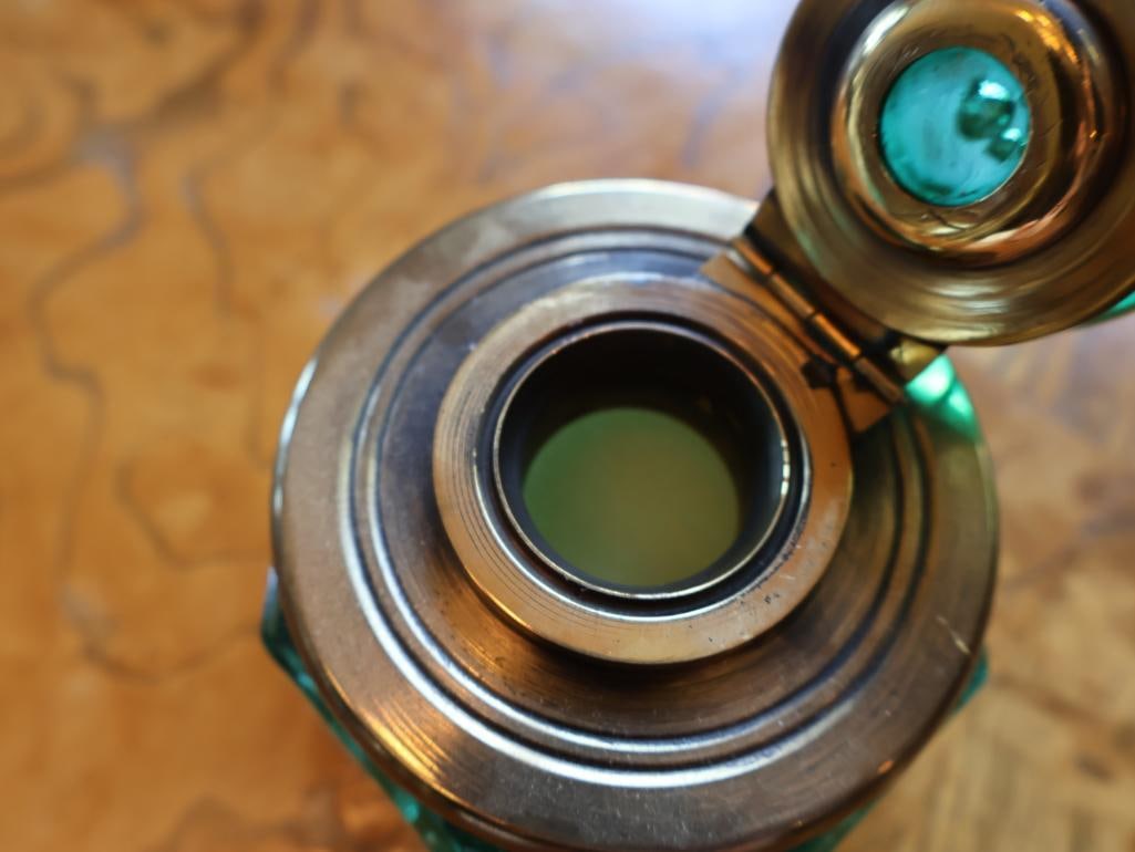 Vintage Emerald Green Glass Hinged Inkwell with Metal Mount - 4