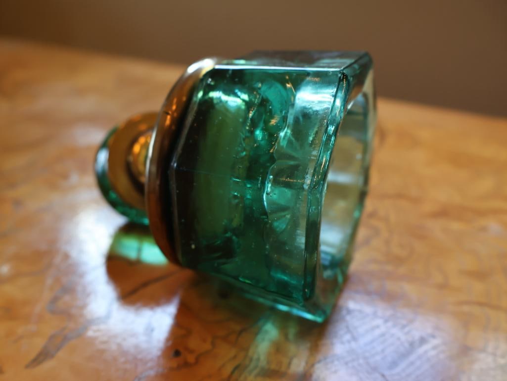 Vintage Emerald Green Glass Hinged Inkwell with Metal Mount - 6