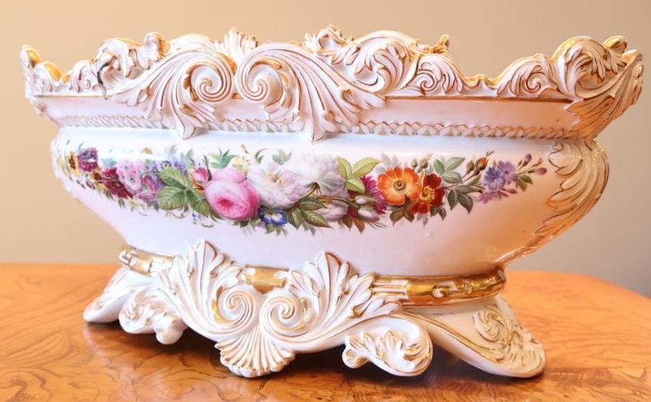 Large Rococo Revival Porcelain Floral Centerpiece / Flower Frog with Gilt Decoration: Includes the removable oval flower frog insert with multiple stem openings and decorative center handle. Approximately 1112" long based on ruler shown. Please review photos carefully for condition, in