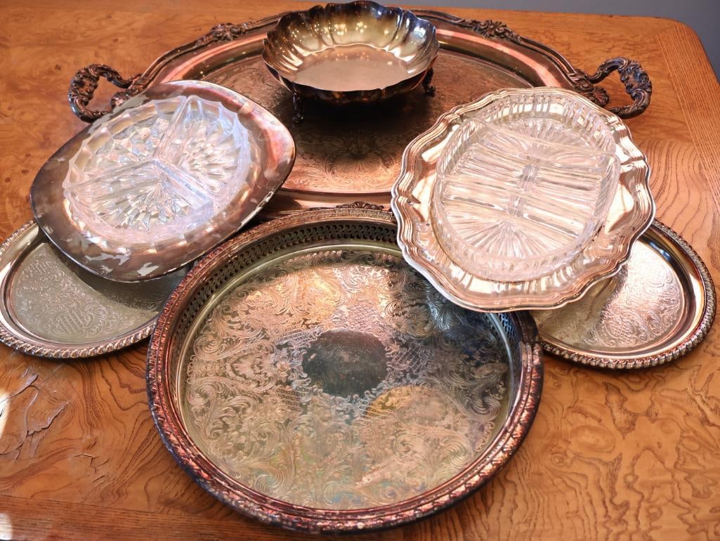 Collection Silverplate Platters including Two with Glass Inserts: Includes about 2 ft long ornate serving platter, matched pair of small trays, and more