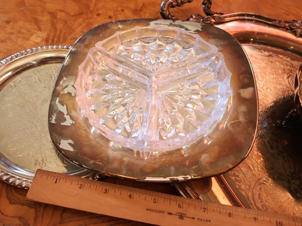 Collection Silverplate Platters including Two with Glass Inserts - 8