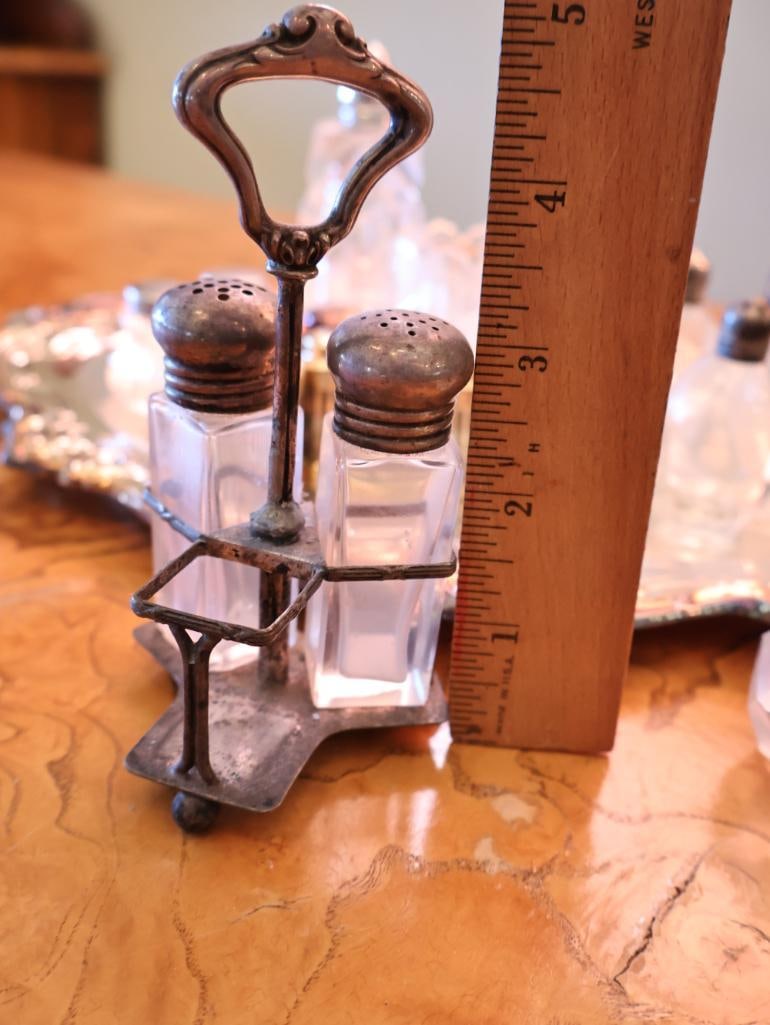 Vintage Sterling Silver-Topped Glass Shakers, Crystal Condiment Pieces and Enamel Salt Cellars - 12