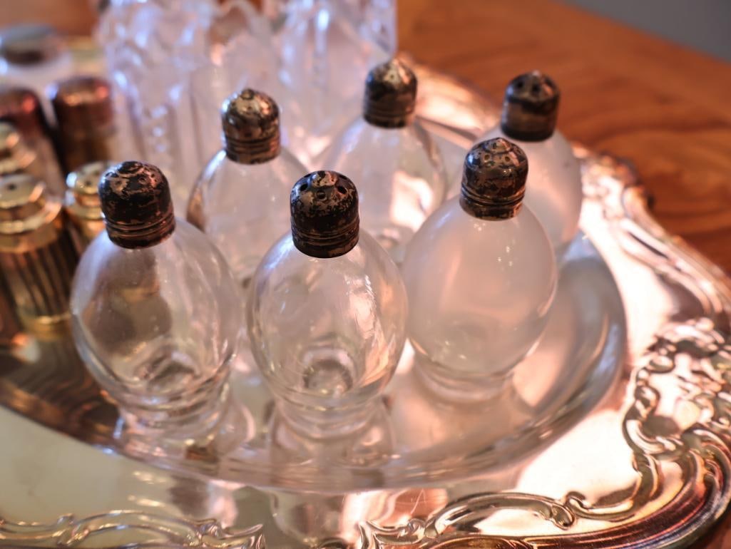Vintage Sterling Silver-Topped Glass Shakers, Crystal Condiment Pieces and Enamel Salt Cellars - 17