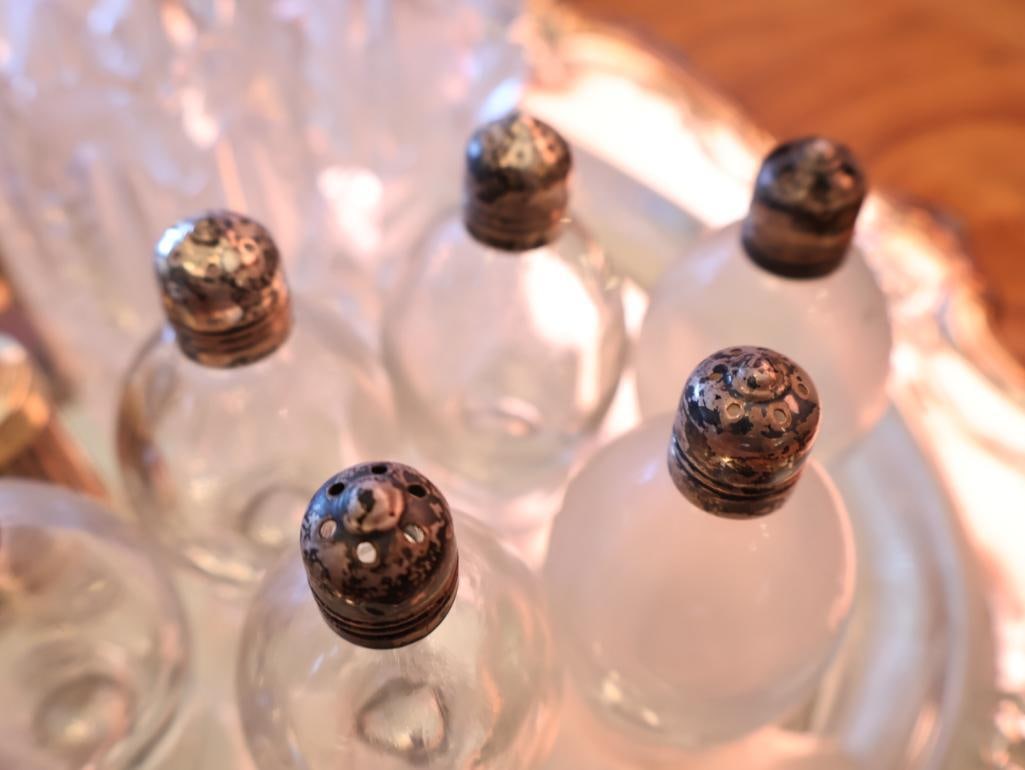 Vintage Sterling Silver-Topped Glass Shakers, Crystal Condiment Pieces and Enamel Salt Cellars - 19