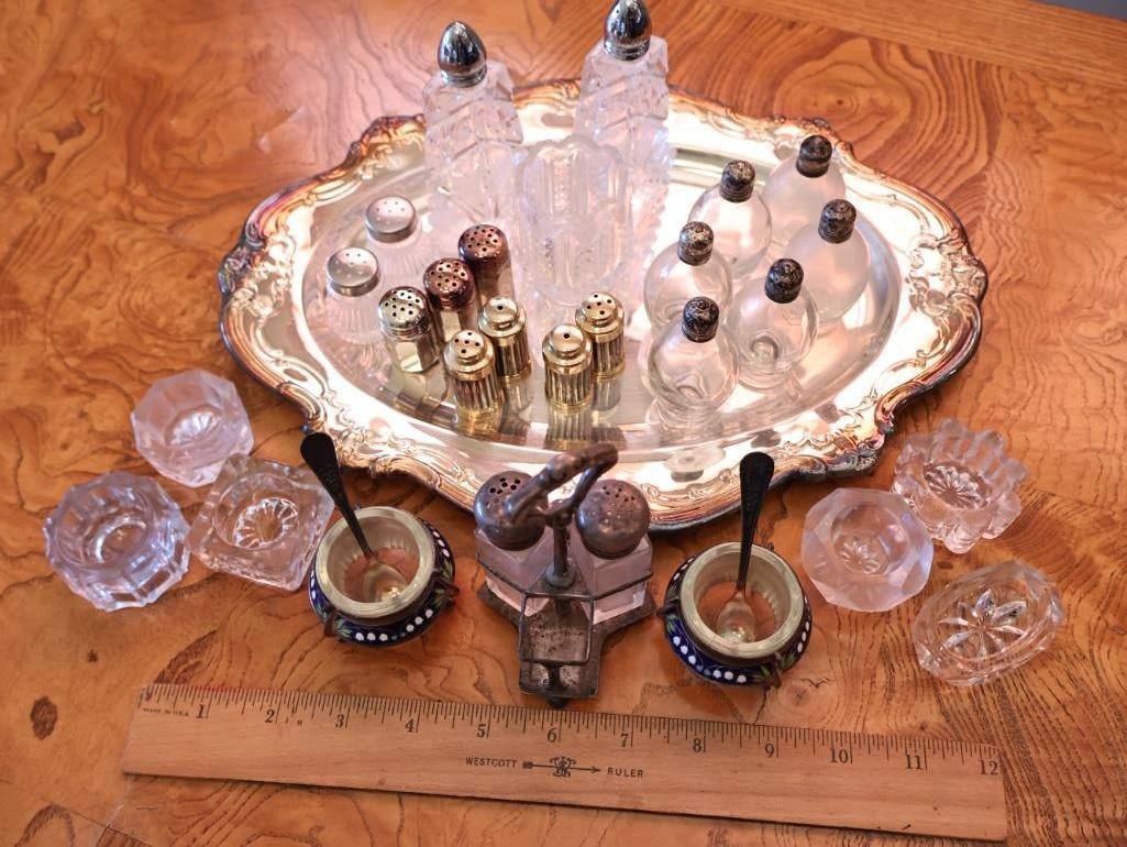 Vintage Sterling Silver-Topped Glass Shakers, Crystal Condiment Pieces and Enamel Salt Cellars - 2