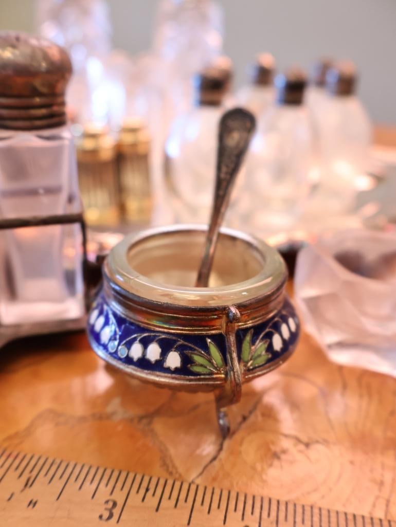 Vintage Sterling Silver-Topped Glass Shakers, Crystal Condiment Pieces and Enamel Salt Cellars - 3