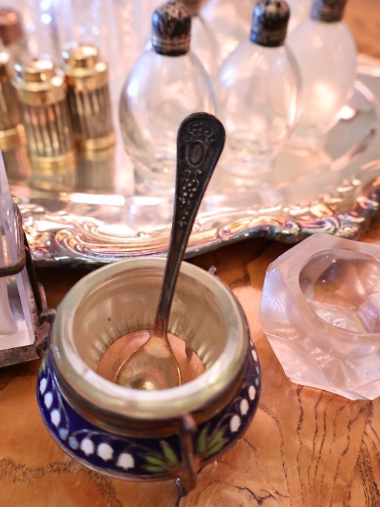 Vintage Sterling Silver-Topped Glass Shakers, Crystal Condiment Pieces and Enamel Salt Cellars - 4