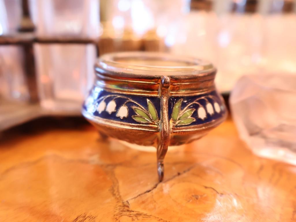 Vintage Sterling Silver-Topped Glass Shakers, Crystal Condiment Pieces and Enamel Salt Cellars - 7