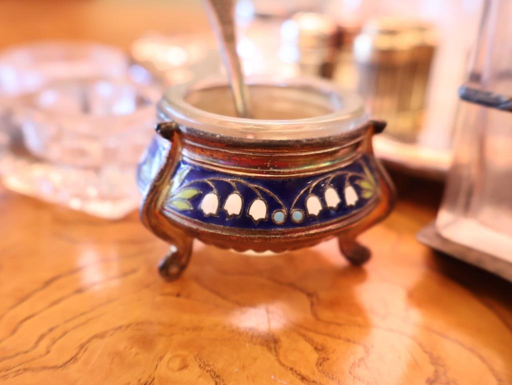 Vintage Sterling Silver-Topped Glass Shakers, Crystal Condiment Pieces and Enamel Salt Cellars - 9