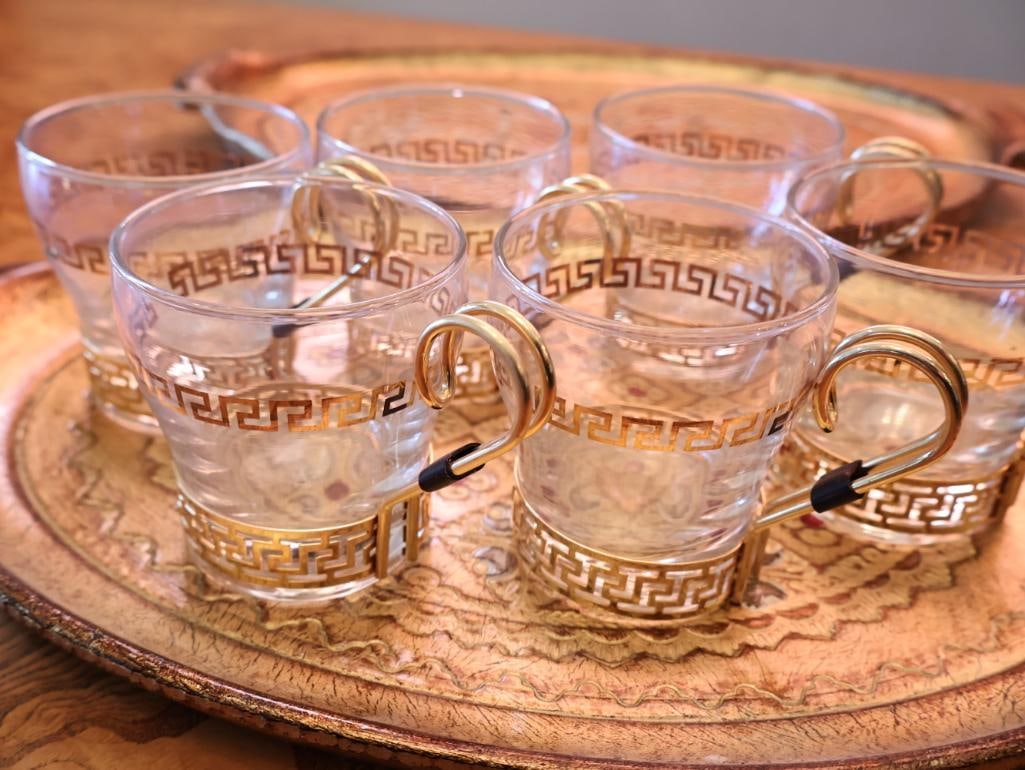 Vintage Hollywood Regency Greek Key Glass Cups and Florentine Gilt Serving Trays - 2
