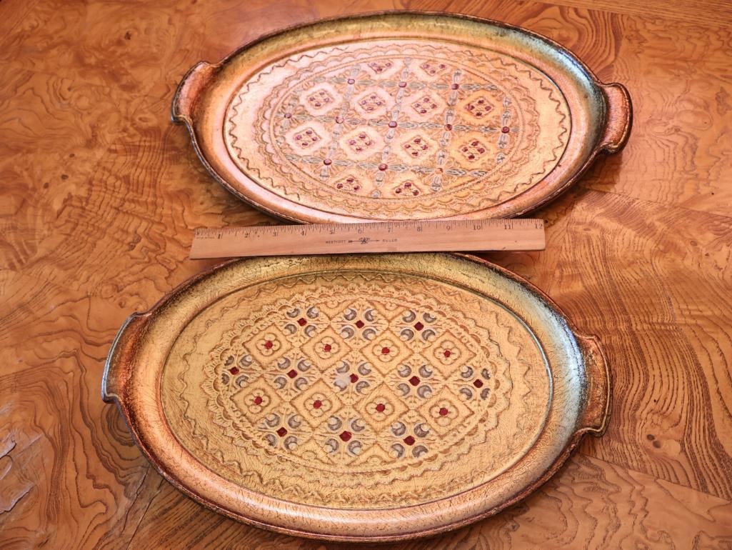 Vintage Hollywood Regency Greek Key Glass Cups and Florentine Gilt Serving Trays - 6