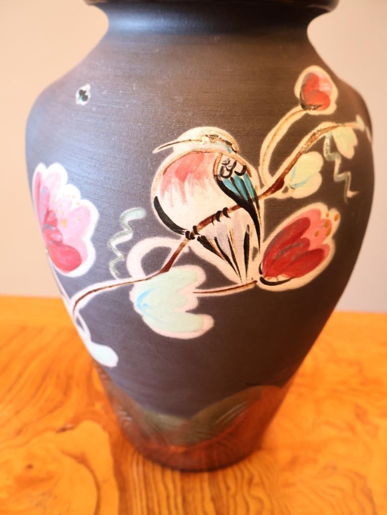 Vintage Framed Ceramic Tile Triptych Wall Art and Signed Hand-Painted Raku Pottery Vase - 10