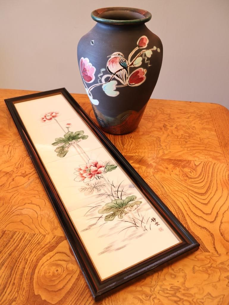 Vintage Framed Ceramic Tile Triptych Wall Art and Signed Hand-Painted Raku Pottery Vase (1 of 13)