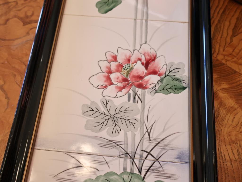 Vintage Framed Ceramic Tile Triptych Wall Art and Signed Hand-Painted Raku Pottery Vase - 4