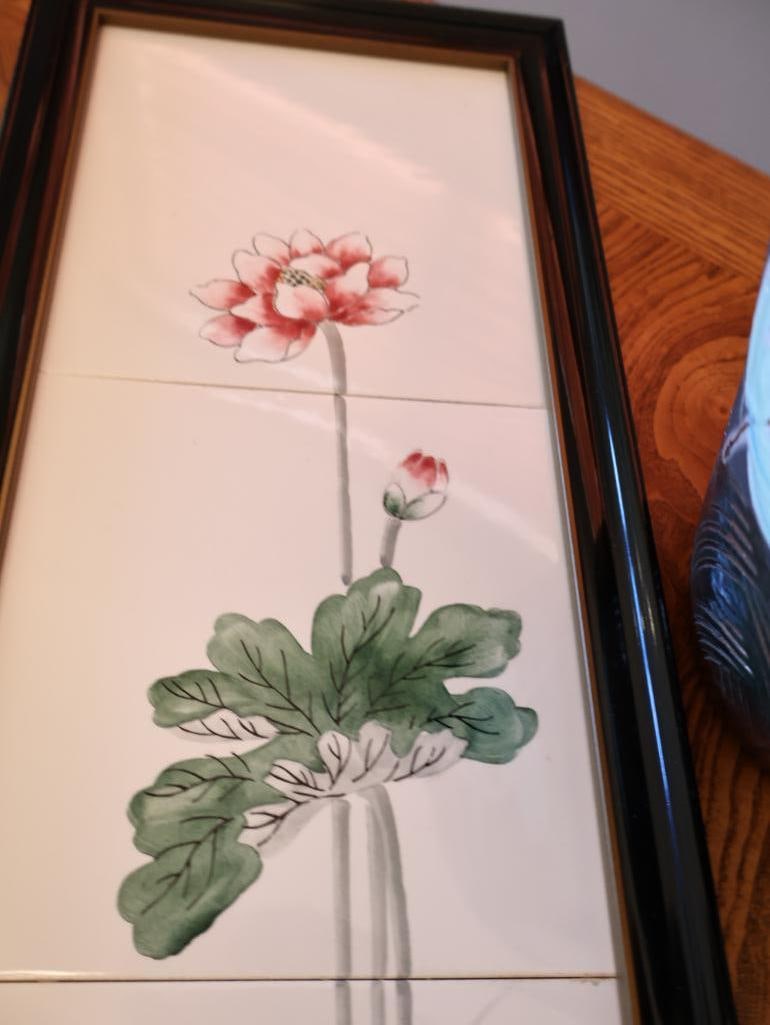 Vintage Framed Ceramic Tile Triptych Wall Art and Signed Hand-Painted Raku Pottery Vase - 5